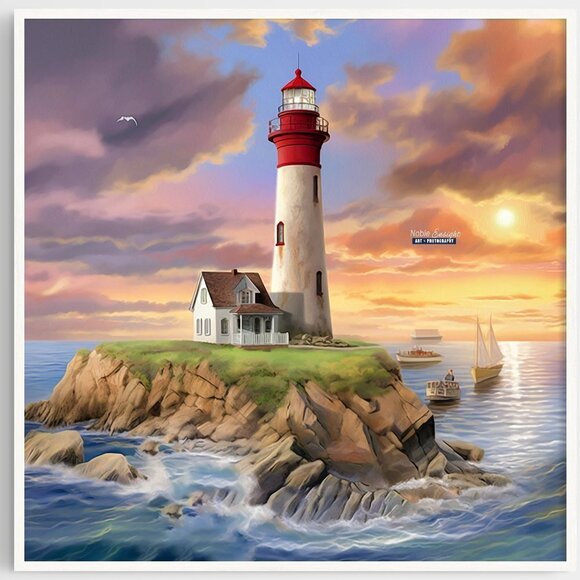 8x8 Lighthouse Majestic Sunset‎ Landscape Scene Watercolor Oil Painting - Picture 5 of 5